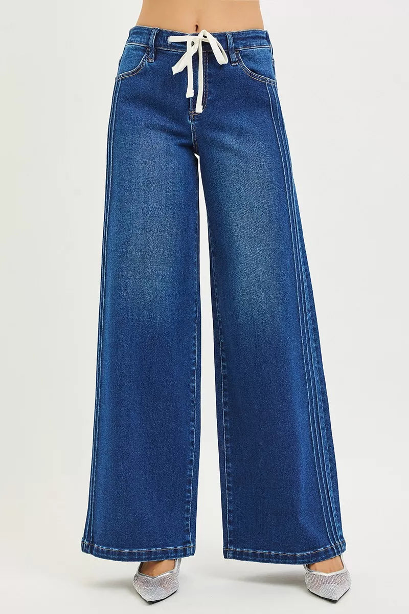 Risen Mid Rise Side Pintuck Wide Leg Jeans 