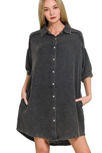 Zenana Washed Double Gauze Button Down Shirt Dress in Ash Black