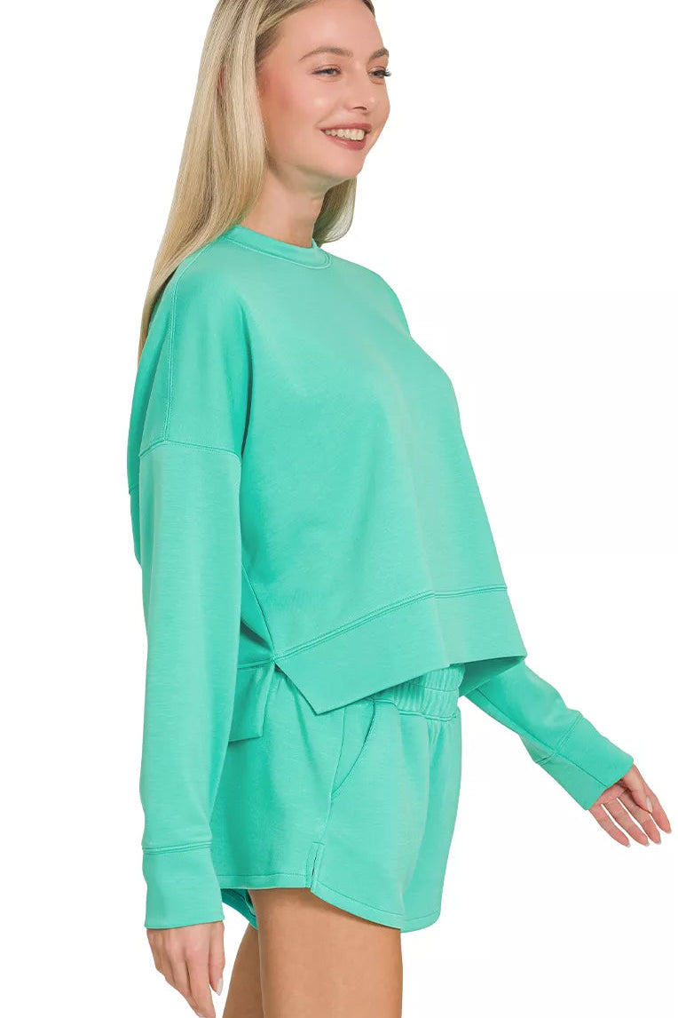 Zenana Scuba Long Sleeve Sweatshirt & Shorts Set in Mint