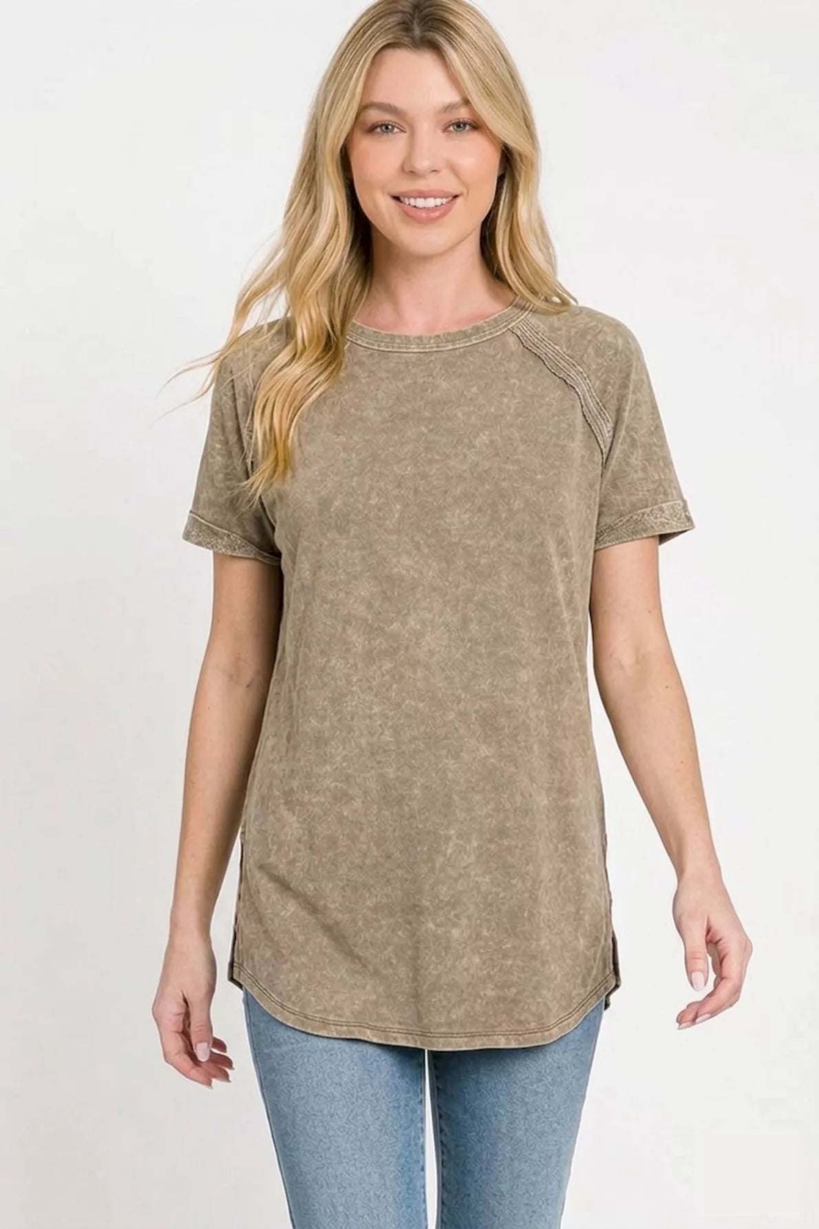 Zenana French Terry Washed Curved Hem Top in Mocha