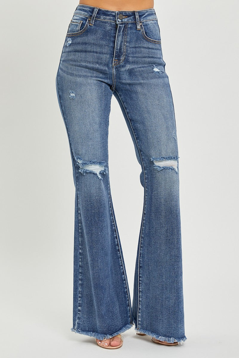 RISEN High Rise Knee Distressed Flare Jeans