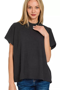 Zenana Viscose Mock Neck Short Sleeve Boxy Sweater Knit Top in Black