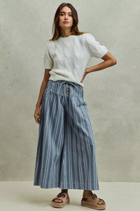 So Me Stripe Denim Washed Pleat Wide Leg Pants