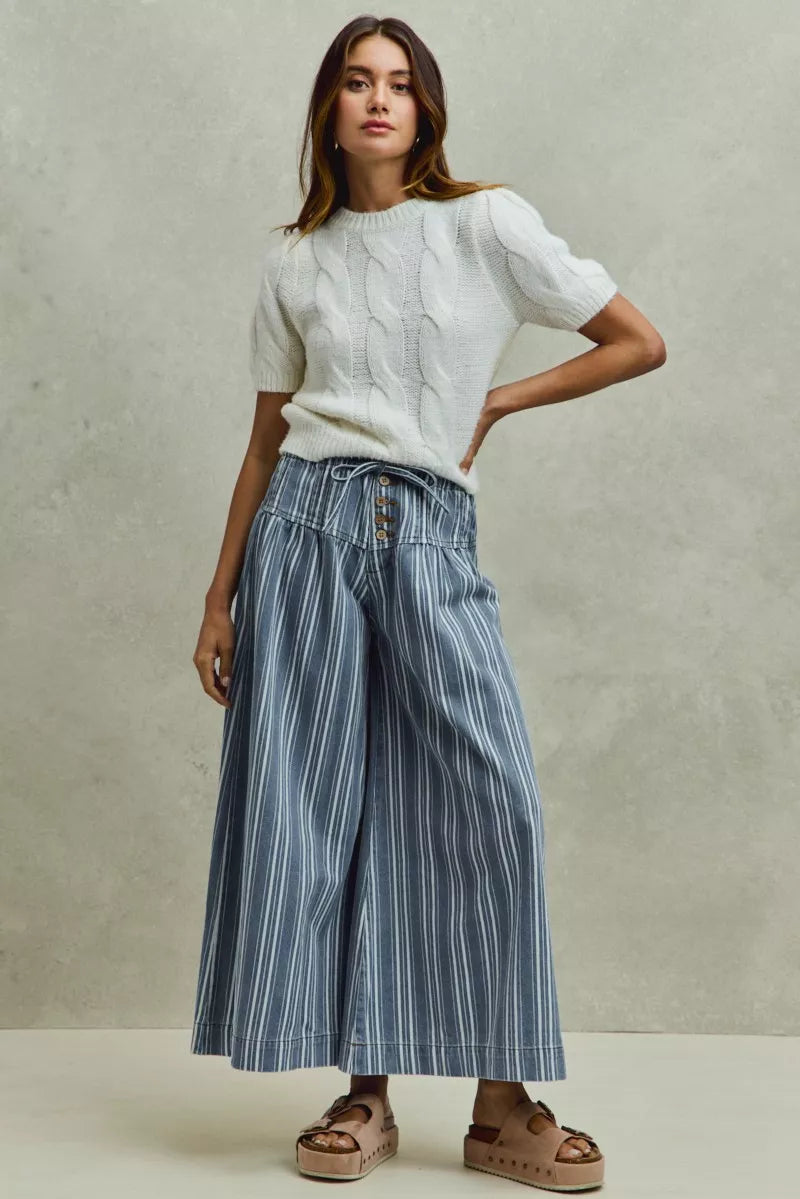 So Me Stripe Denim Washed Pleat Wide Leg Pants