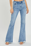 Risen High Rise Distressed Frayed Hem Flare Jeans