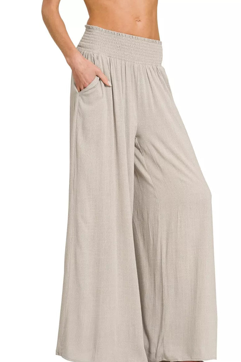 Zenana Smocked Waistband Wide Leg Pants in Sand Beige