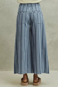 So Me Stripe Denim Washed Pleat Wide Leg Pants