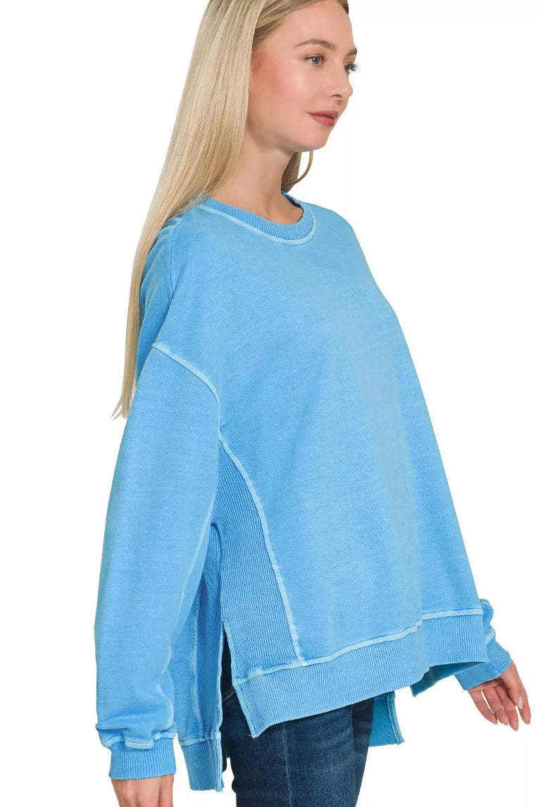 Zenana French Terry Pigment Dyed Pullover in Deep Sky Blue