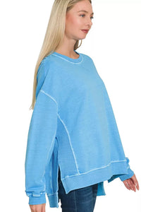 Zenana French Terry Pigment Dyed Pullover in Deep Sky Blue