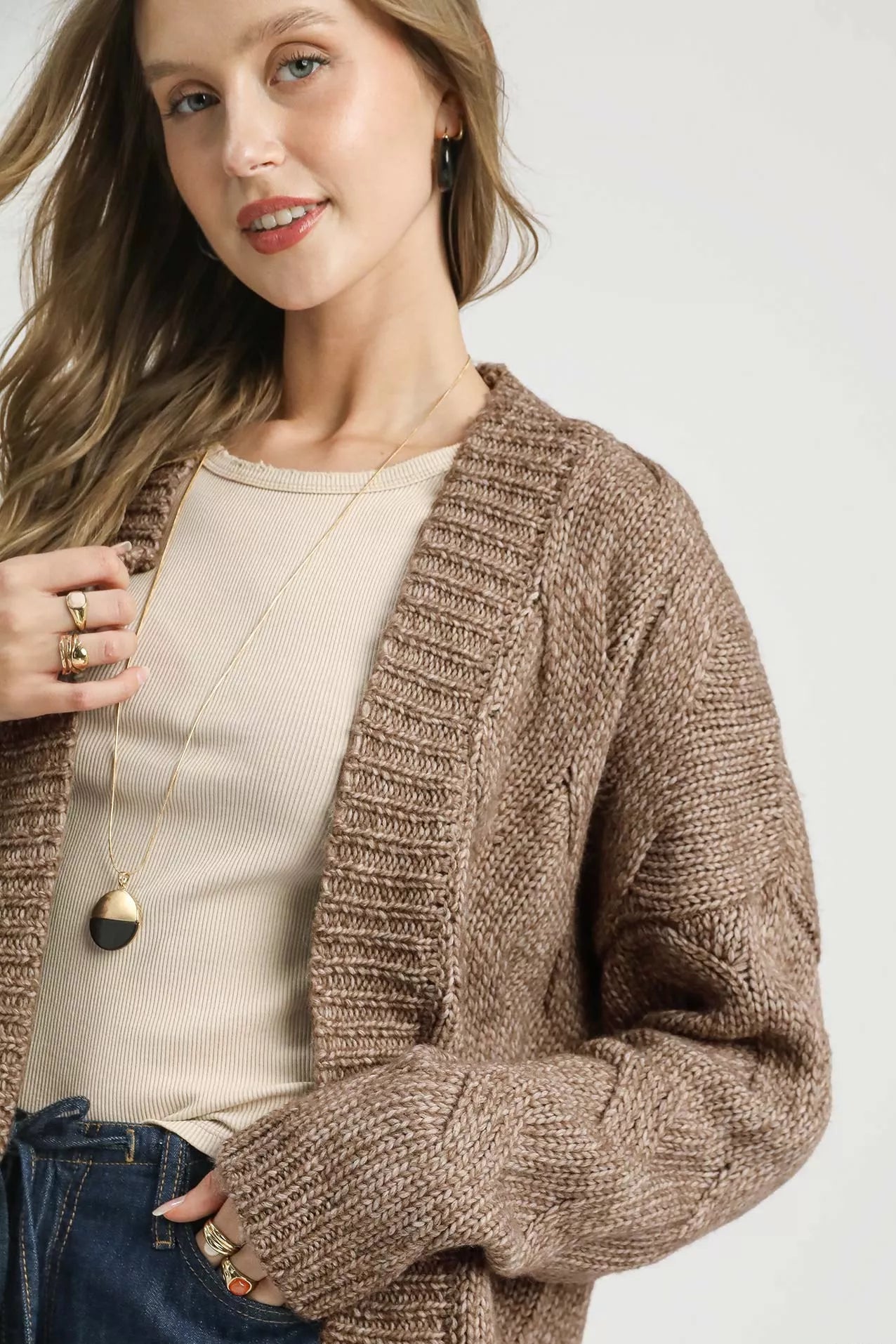Chunky Cable Knit Open Front Cardigan in Mocha