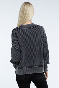 Ribbed Exposed Seam Round Neck Dropped Shoulder Sweater