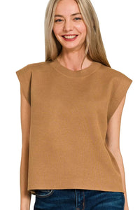Zenana Round Neck Viscose Sweater Vest in Deep Camel
