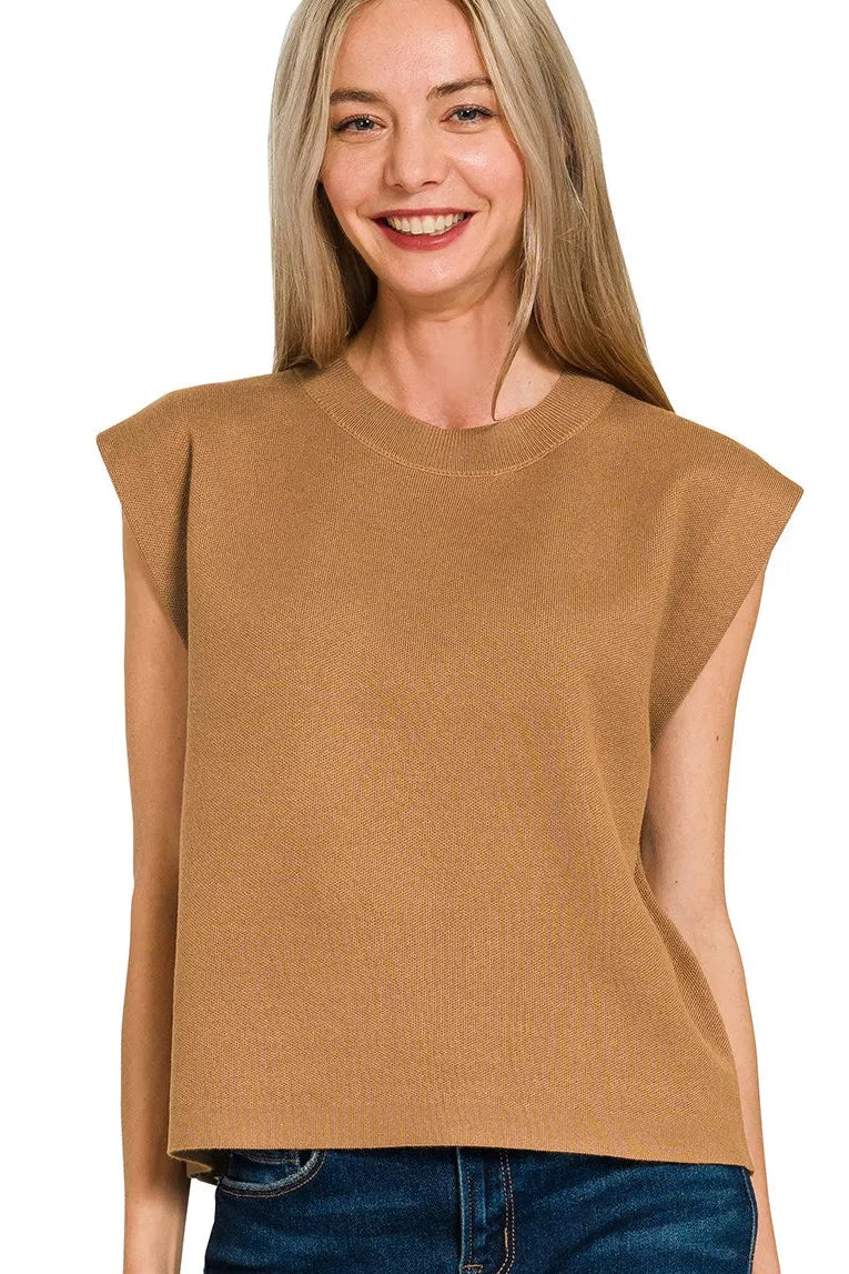 Zenana Round Neck Viscose Sweater Vest in Deep Camel