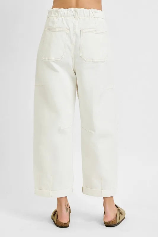 Risen High Rise Cream Wide Barrel Cargo Pocket Jeans