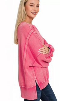 Zenana Acid Washed Batwing Sleeve Fleece Sweatshirt in Fuchsia 
