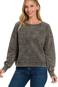 Zenana French Terry Acid Wash Boat Neck Sweatshirt