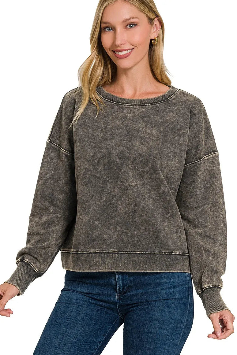 Zenana French Terry Acid Wash Boat Neck Sweatshirt