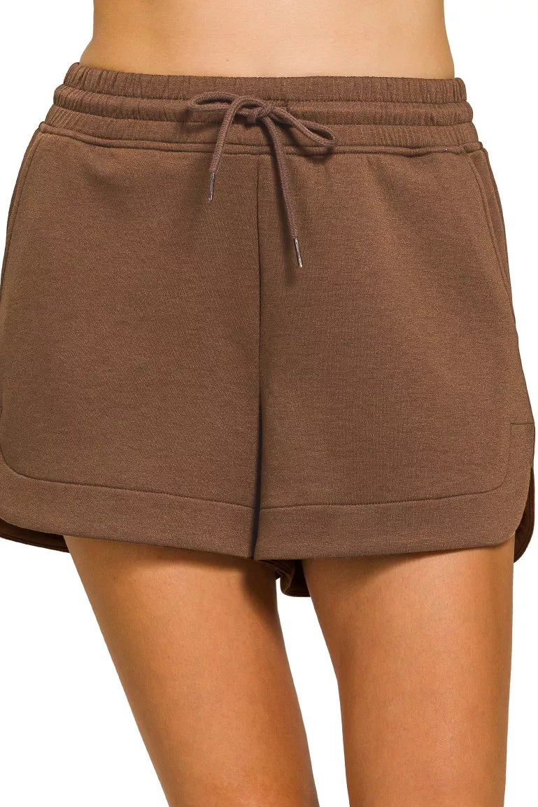 Zenana Scuba Elastic Waistband Shorts with Pockets in Brown