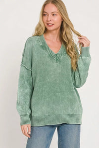 Zenana Washed V-Neck Oversized Sweater - Dark Green