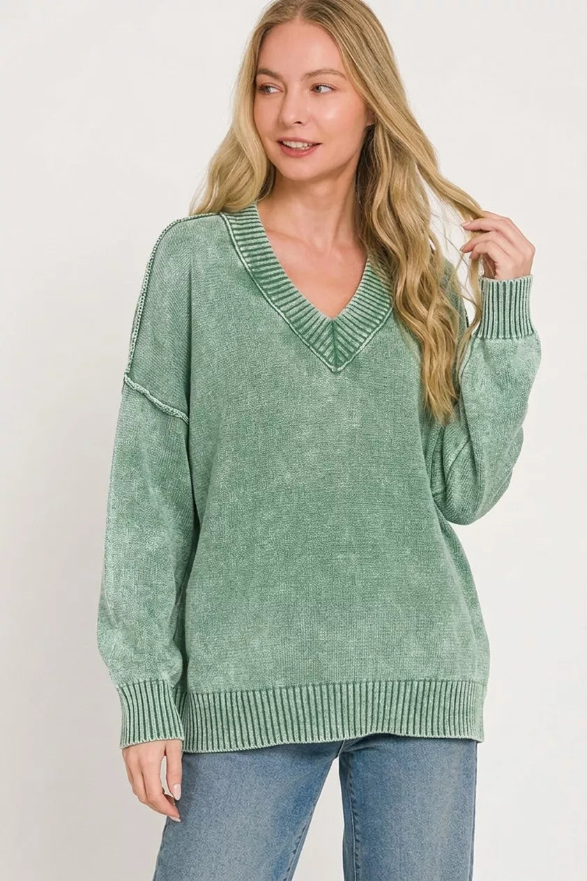 Zenana Washed V-Neck Oversized Sweater - Dark Green