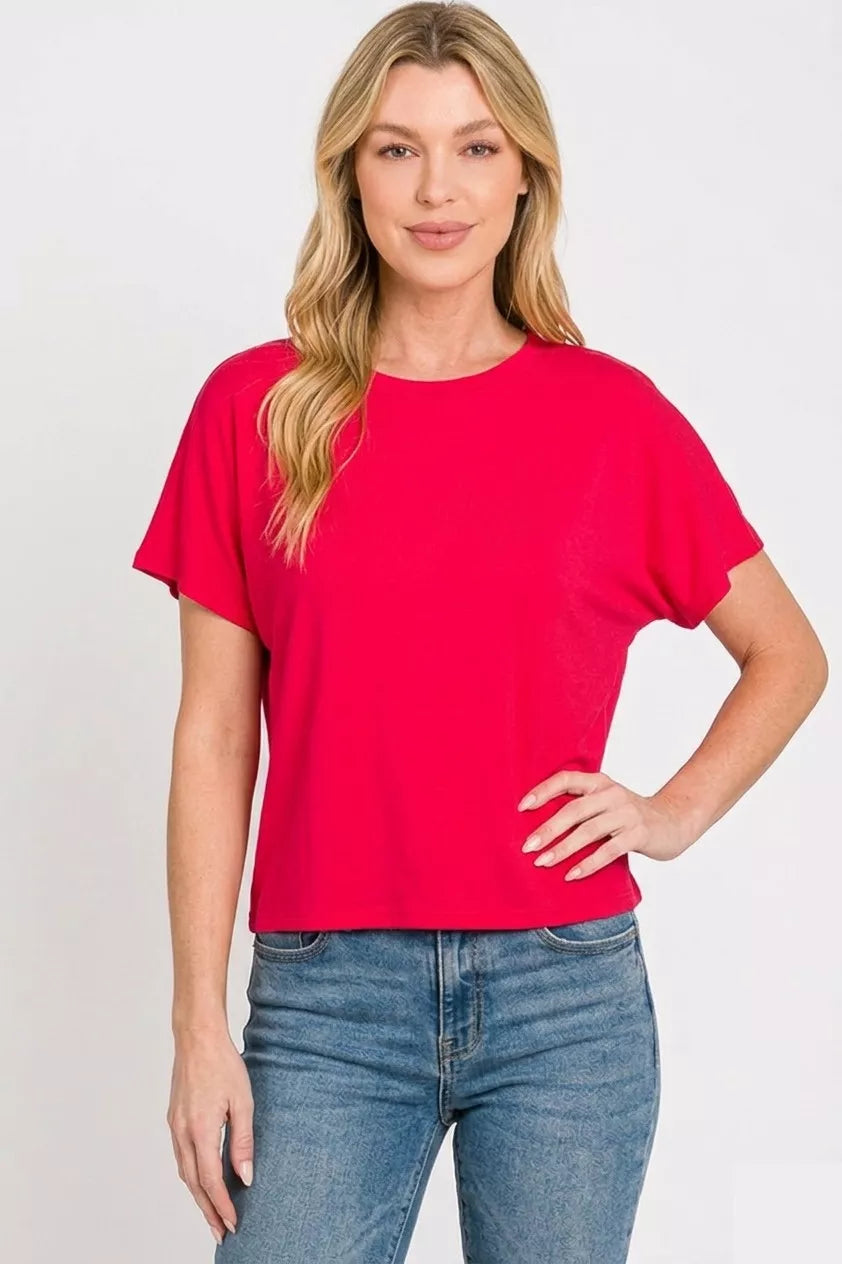 Zenana Round Neck Short Sleeve Cropped T-Shirt in Ruby Red
