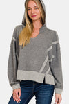 Contrast Trim Boxy Fit Oversized Hoodie. Heather grey relaxed fit hoodie designed with a scoop neckline, hood, drop shoulder, and a boxy cut.