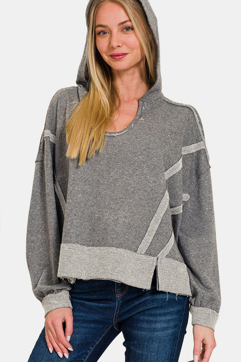 Contrast Trim Boxy Fit Oversized Hoodie. Heather grey relaxed fit hoodie designed with a scoop neckline, hood, drop shoulder, and a boxy cut.