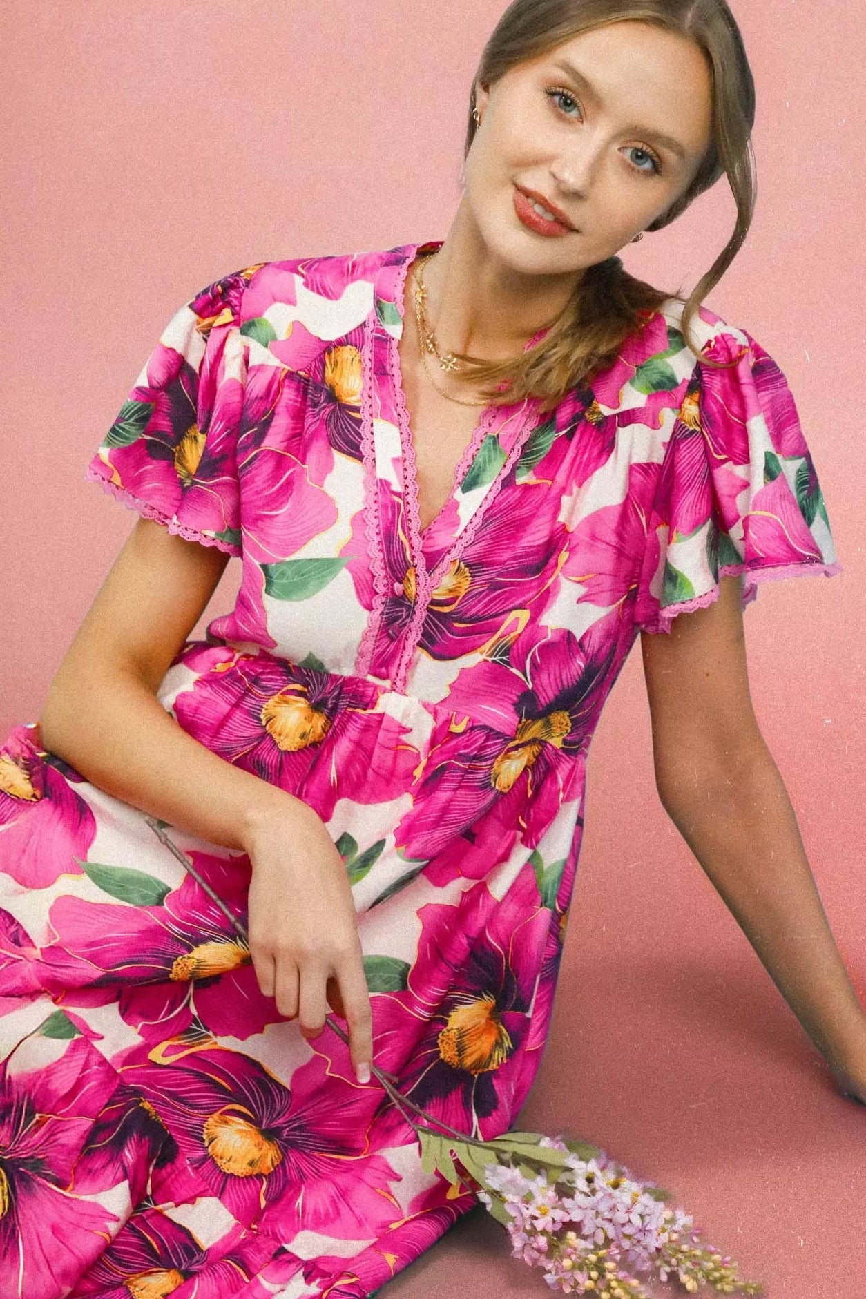 Umgee Pink Tropical Floral Flutter Sleeve Tiered Midi Dress