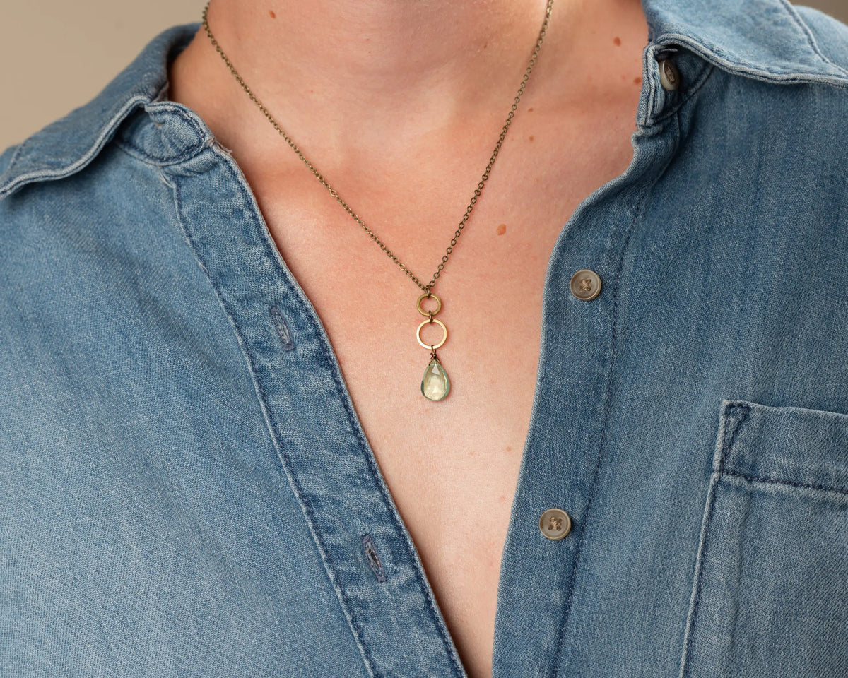 Green Amethyst Teardrop Pendant Double Circle Necklace