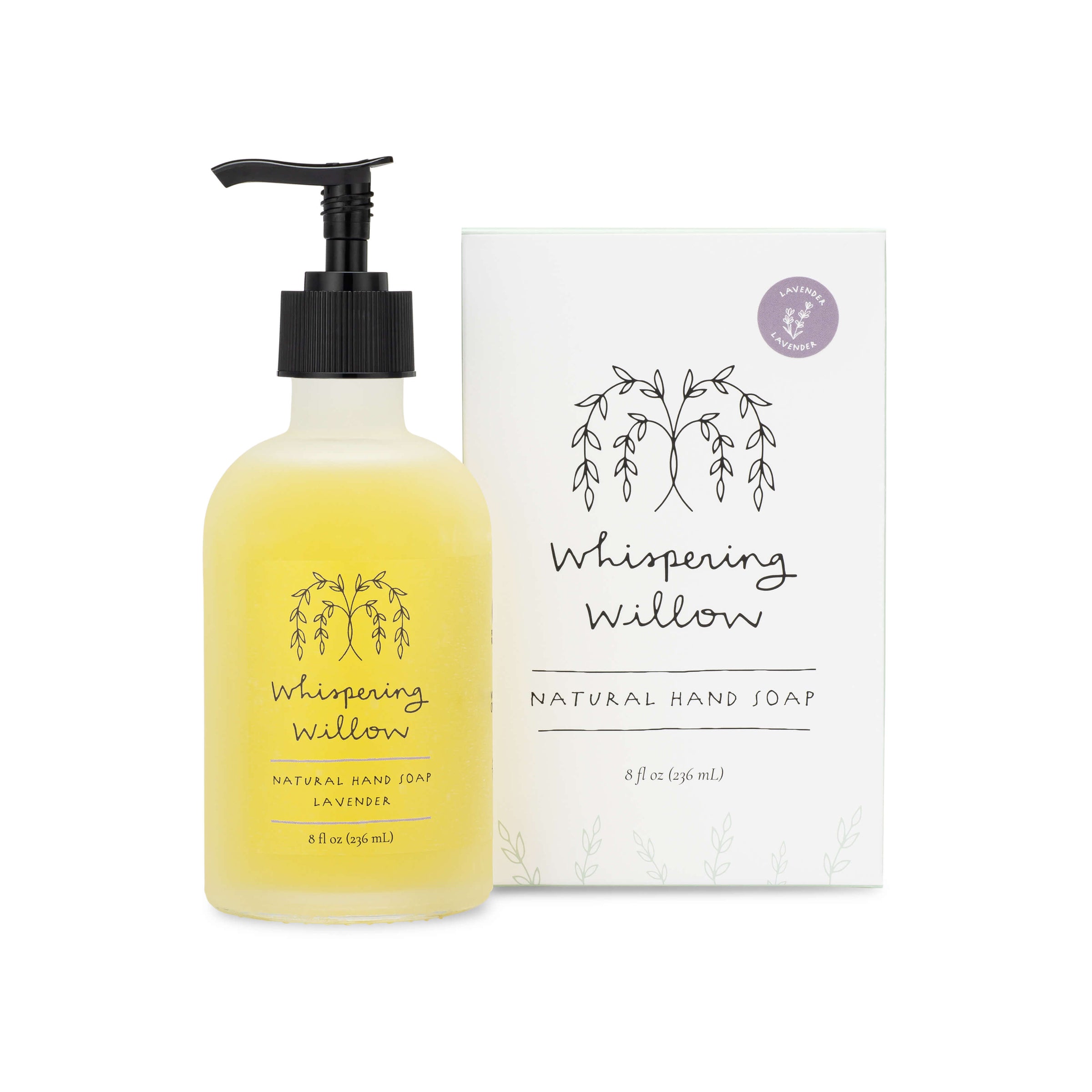 Whispering Willow Lavender Natural Hand Soap in a Glass Bottle