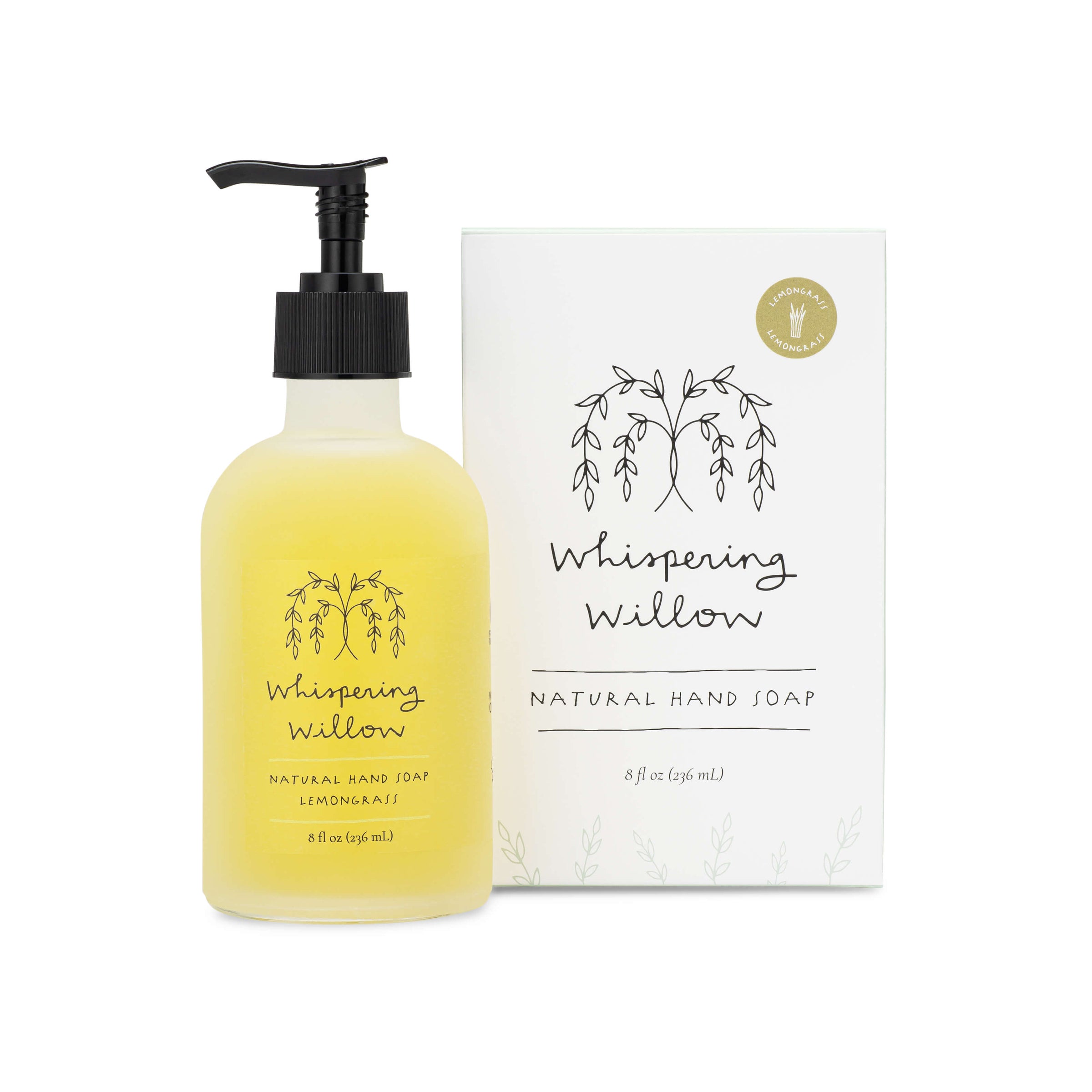 Whispering Willow Lemongrass Natural Hand Soap in a Glass Bottle