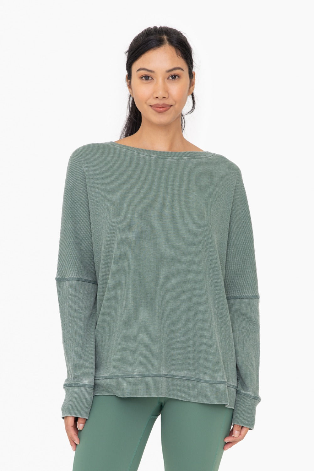 Mono B Waffle Knit Oversized Round Neck Pullover - Dark Basil