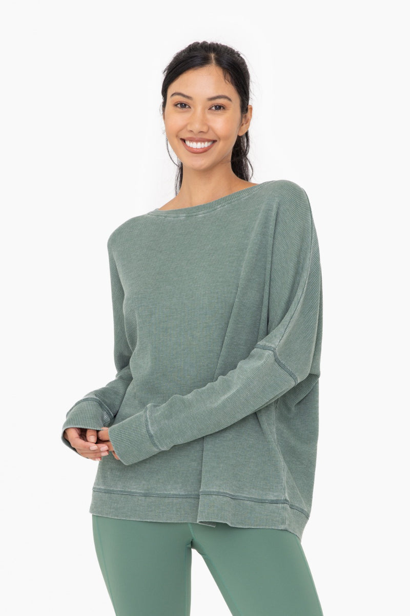 Mono B Waffle Knit Oversized Round Neck Pullover - Dark Basil