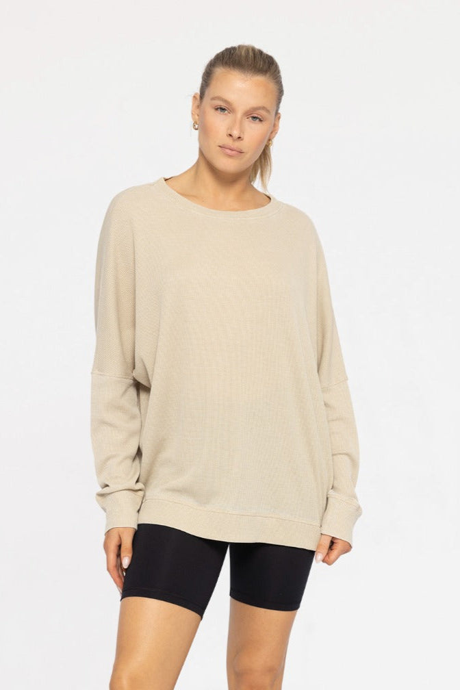 MONO B Waffle Knit Oversized Round Neck Pullover - Khaki 