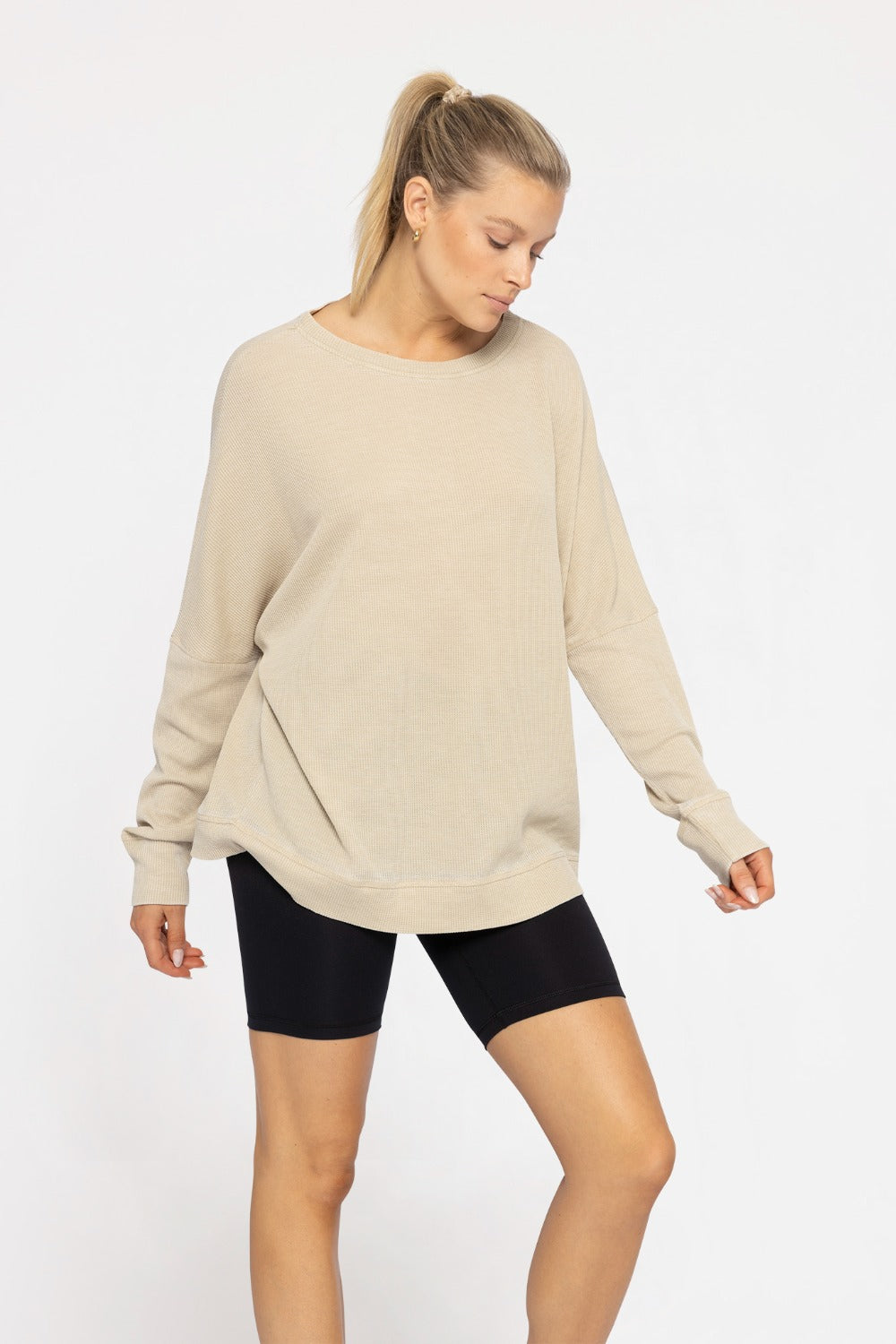 MONO B Waffle Knit Oversized Round Neck Pullover - Khaki 