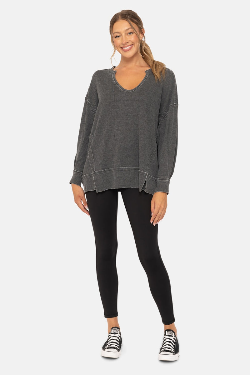 Mineral Wash Thermal Long Sleeve Top - Black