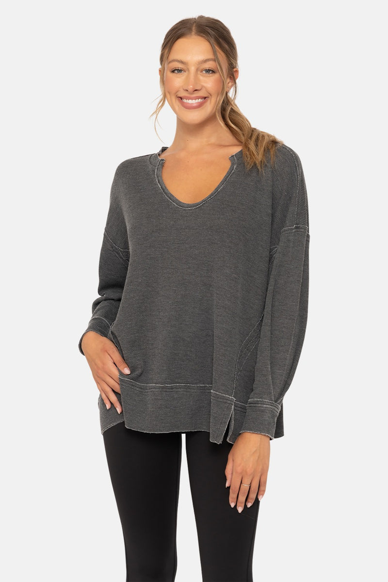 Mineral Wash Thermal Long Sleeve Top - Black