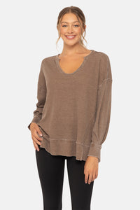 Mineral Wash Thermal Long Sleeve Top - Dark Earth