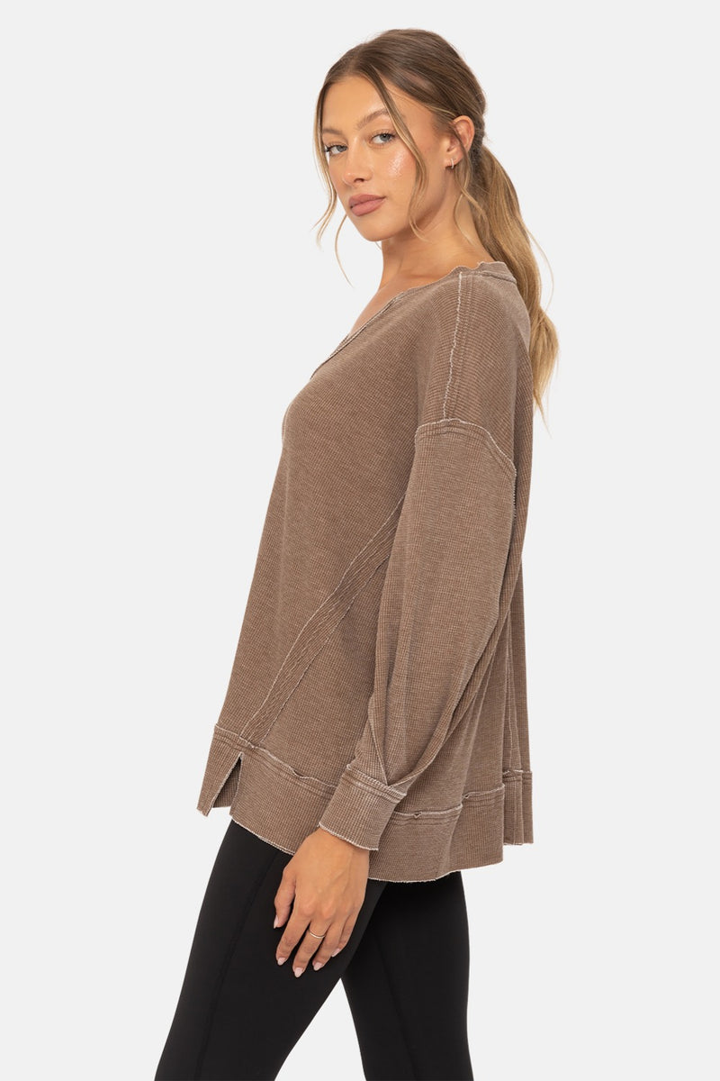 Mineral Wash Thermal Long Sleeve Top - Dark Earth