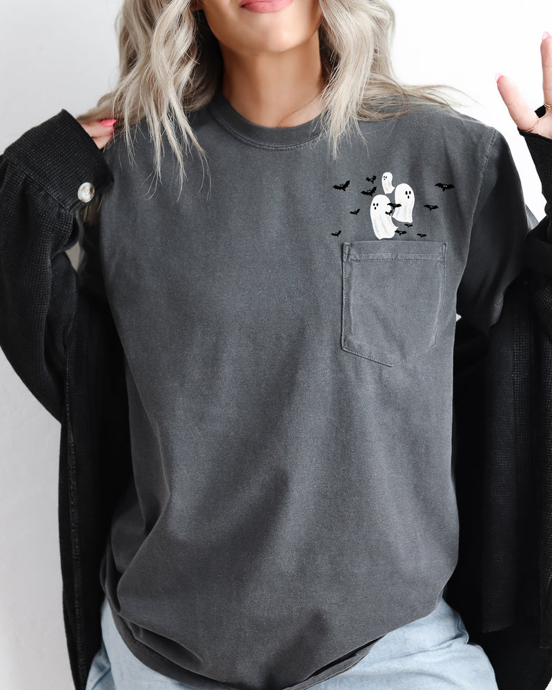 Ghosts & Bats Halloween Pocket Comfort Colors Graphic T-Shirt
