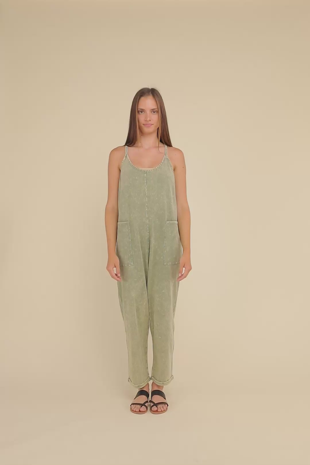 Comfy Fit Washed Spaghetti Straps Jumpsuit with Pockets