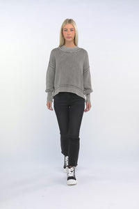 Ribbed Exposed Seam Round Neck Dropped Shoulder Sweater - Mocha