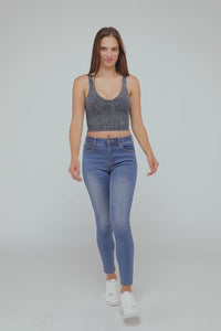 Mineral Wash Ribbed Cropped V-Neck Tank Top