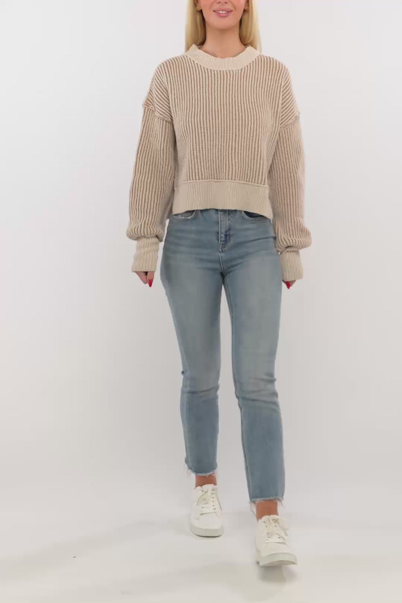 Two Tone Exposed Seam Cropped Striped Sweater