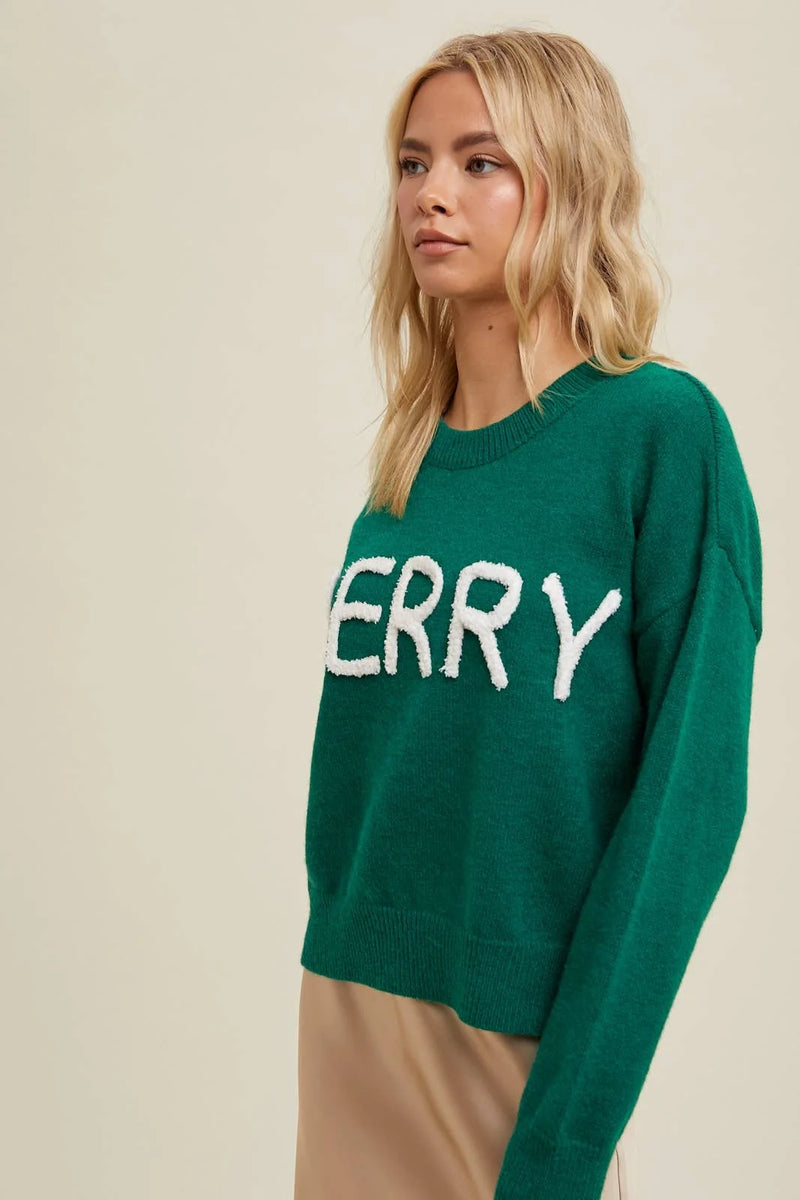 Merry Sweater: This sweater features fuzzy Merry lettering on a cheerful green knit background, with a round neckline, and drop shoulder.