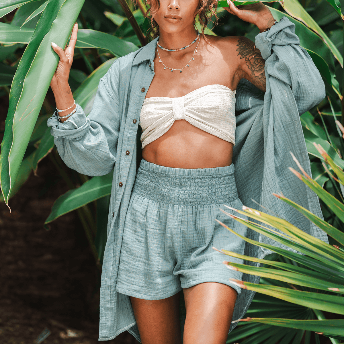 Lotus and Luna Sage Cotton Seaside Smocked Waist Shorts