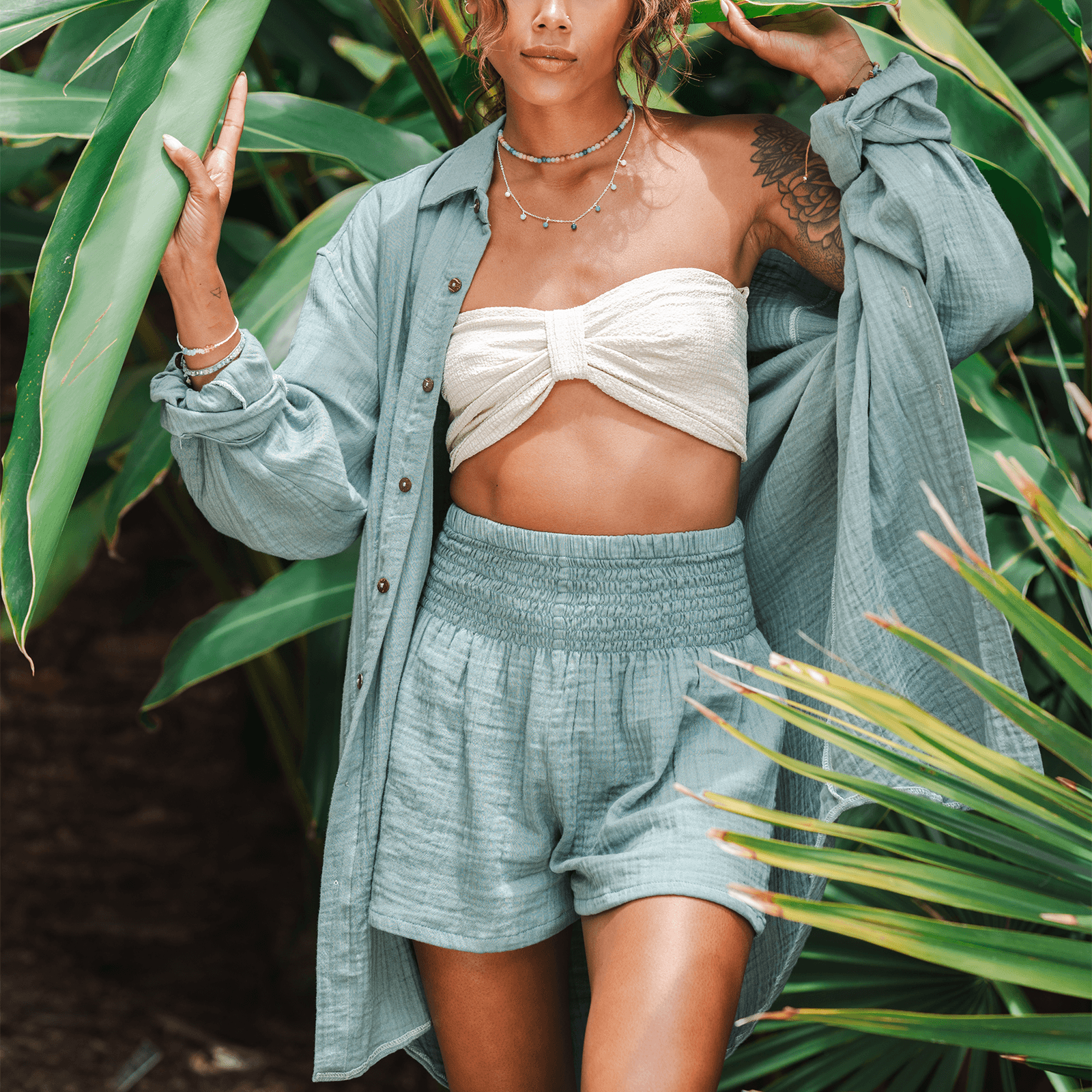 Lotus and Luna Sage Cotton Seaside Smocked Waist Shorts
