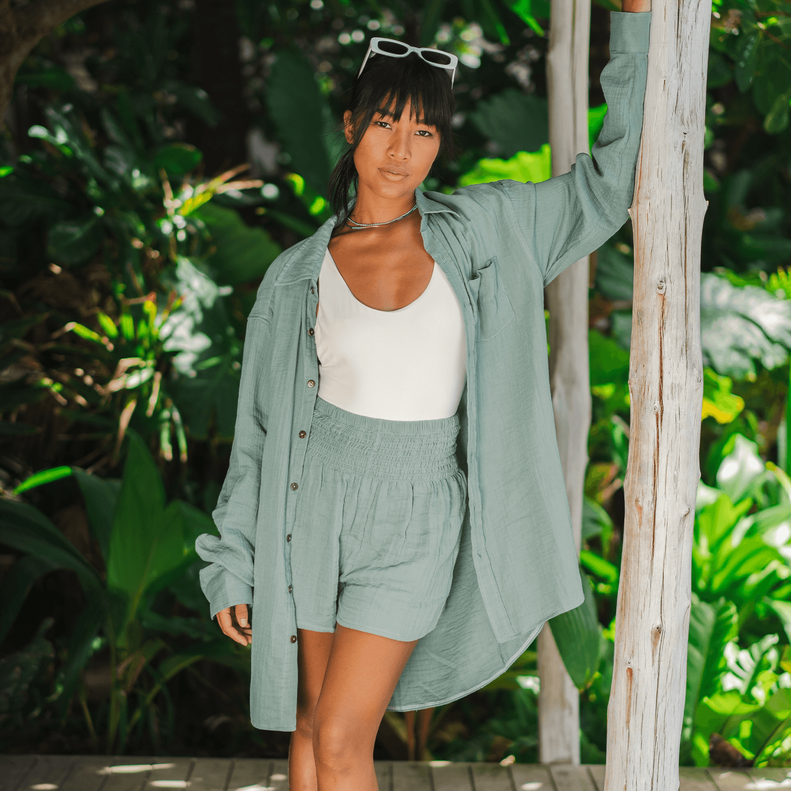 Lotus and Luna Sage Cotton Seaside Smocked Waist Shorts