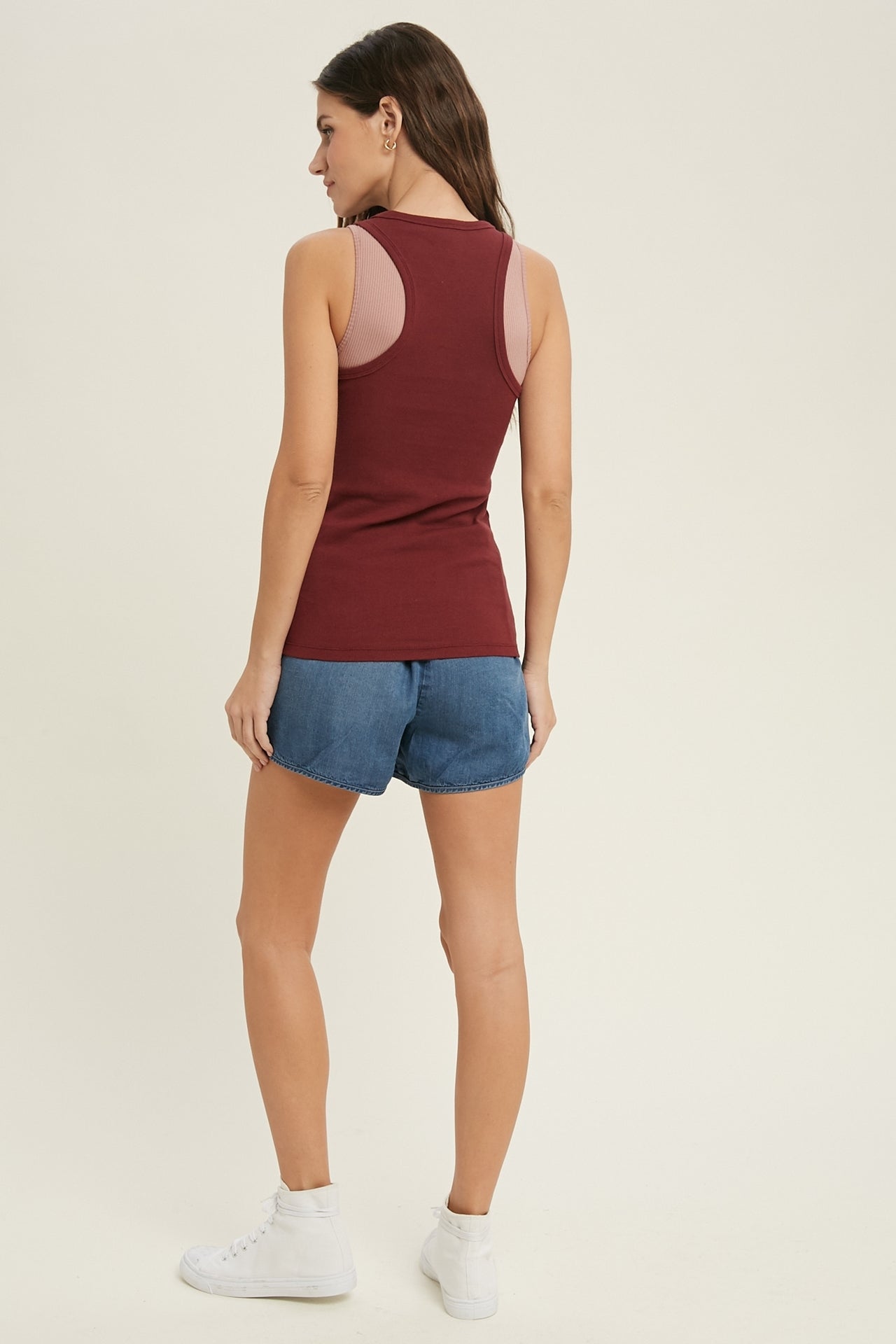 Ribbed Button Up Racerback Tank - Wine