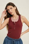 Ribbed Button Up Racerback Tank - Wine